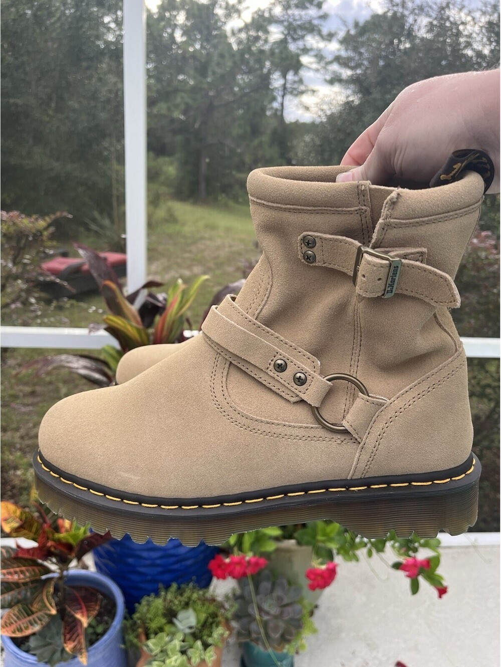 RARE Dr. Martens Anistone Biker Harness Boots Men's Size 13 US Beige tan Suede